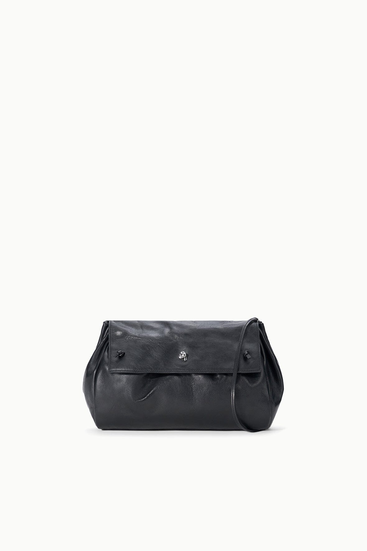 Black convertible bag with top flap, side pleats, and magnetic clasp