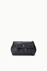 Black convertible bag with top flap, side pleats, and magnetic clasp