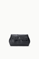 Black convertible bag with flat top flap and magnetic clasp, front view