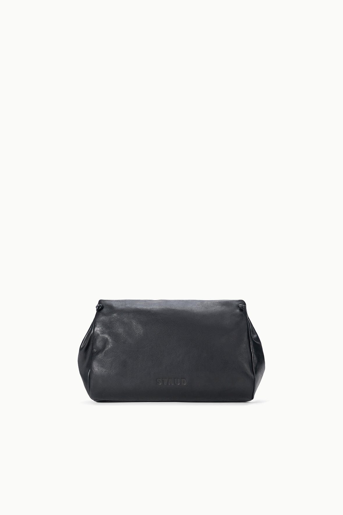 Black convertible bag back with centered embossed logo and curved silhouette