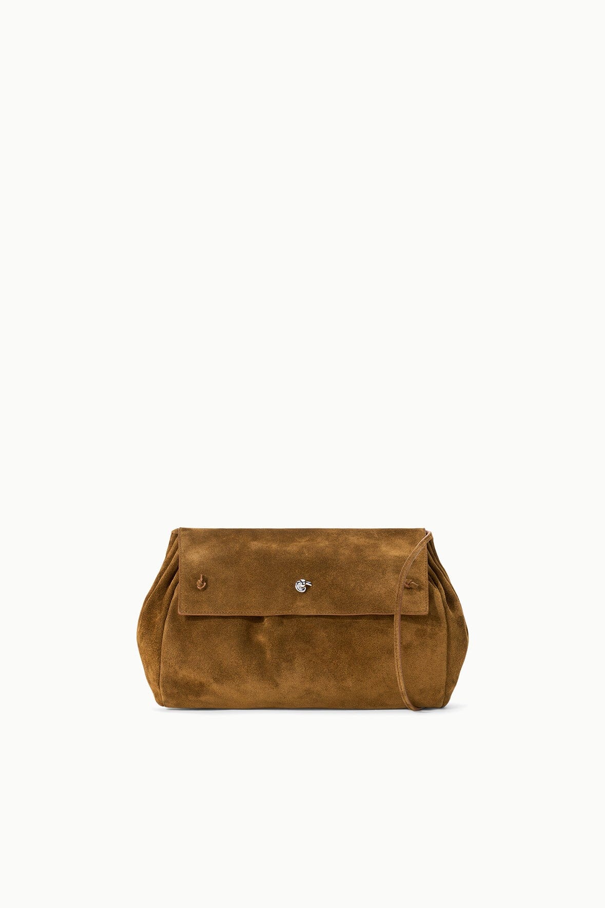 Cigar brown suede convertible bag with front flap and button closure