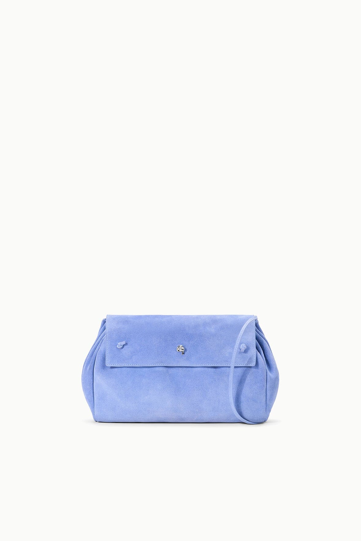 Light blue convertible bag with front flap and top handle, small clasp detail