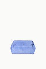 Light blue convertible bag with front flap and button clasp, short handle