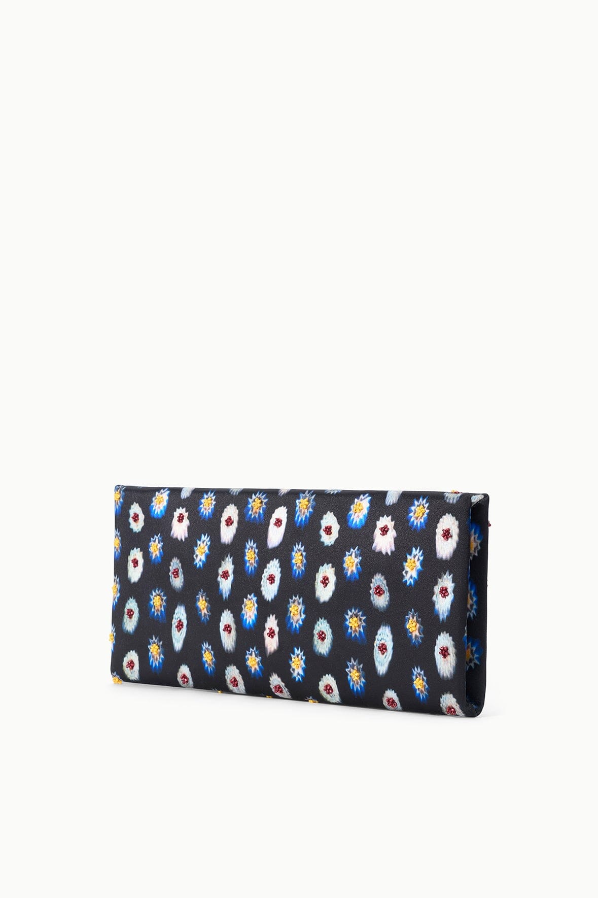 Dark floral patterned clutch with smooth frame, short top handle
