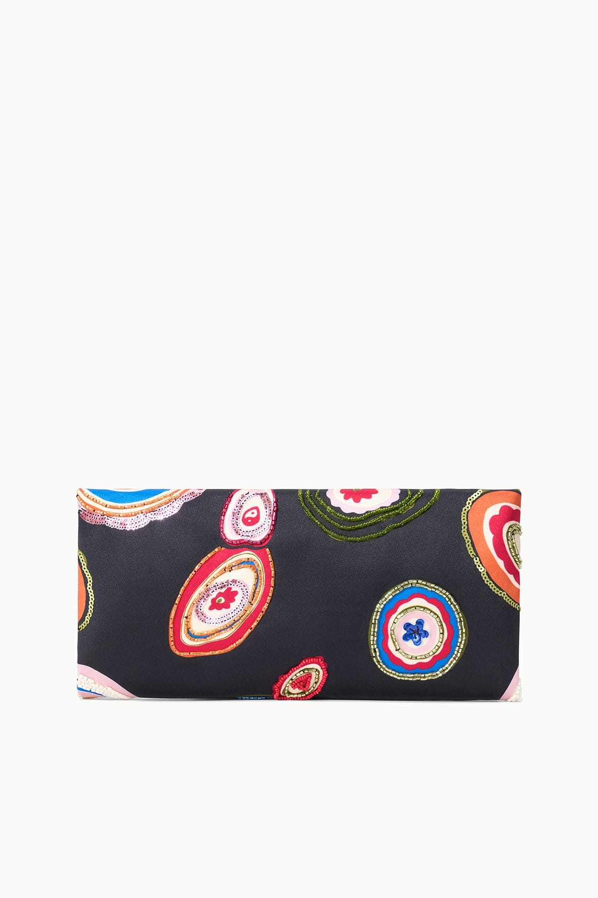 Black rectangular clutch with Millefiore 2.0 paisley print and top zipper edge.