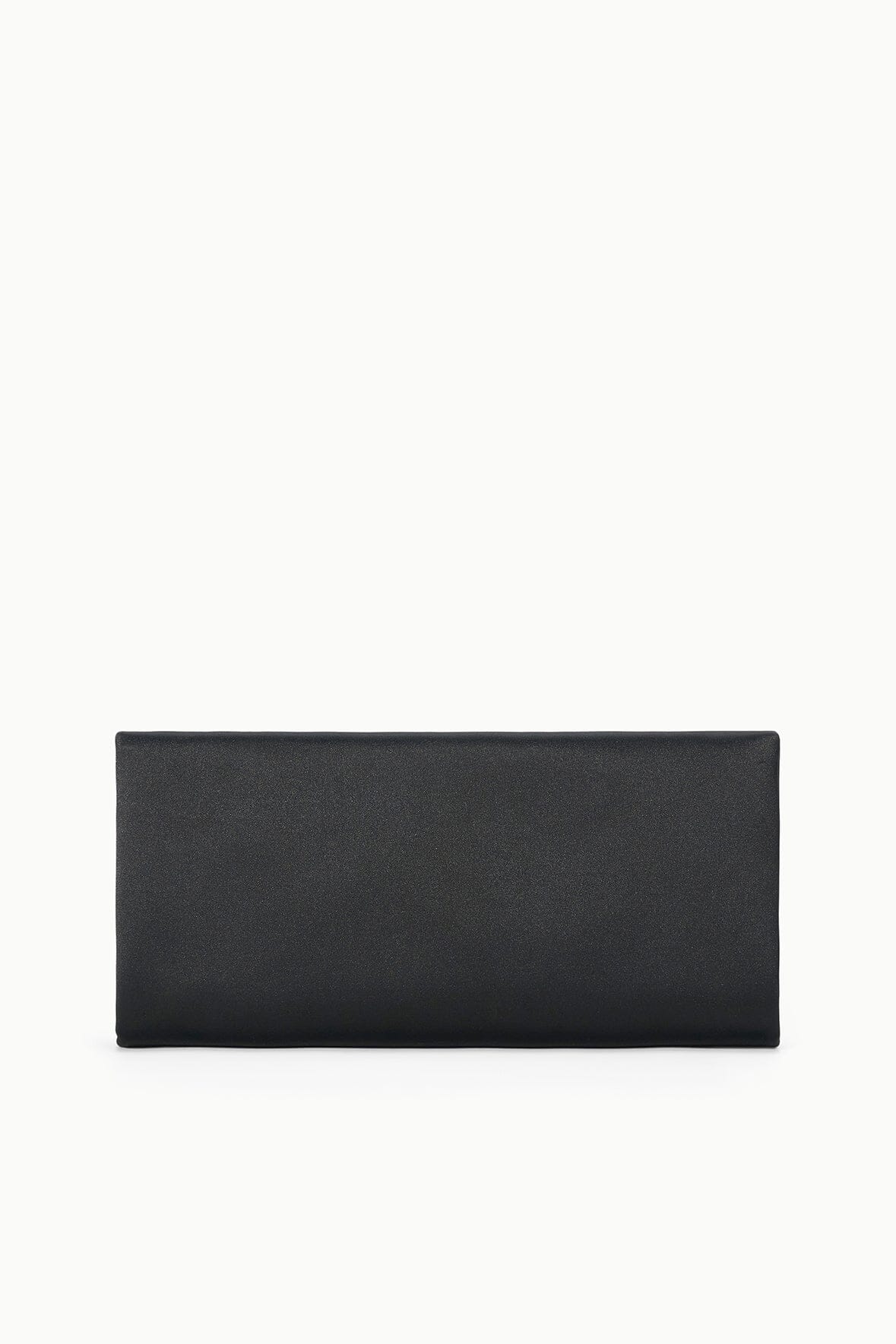 Black rectangular clutch bag with smooth fabric front and minimal hardware
