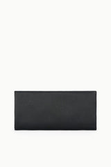 Black rectangular clutch bag with smooth fabric front and minimal hardware
