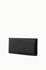 Black rectangular clutch bag with smooth surface and angled side profile