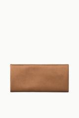 Tan leather clutch bag with top flap and minimal hardware.
