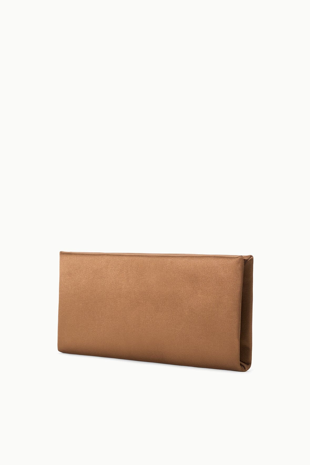Tan leather clutch bag angled view with curved flap edge and slim profile.