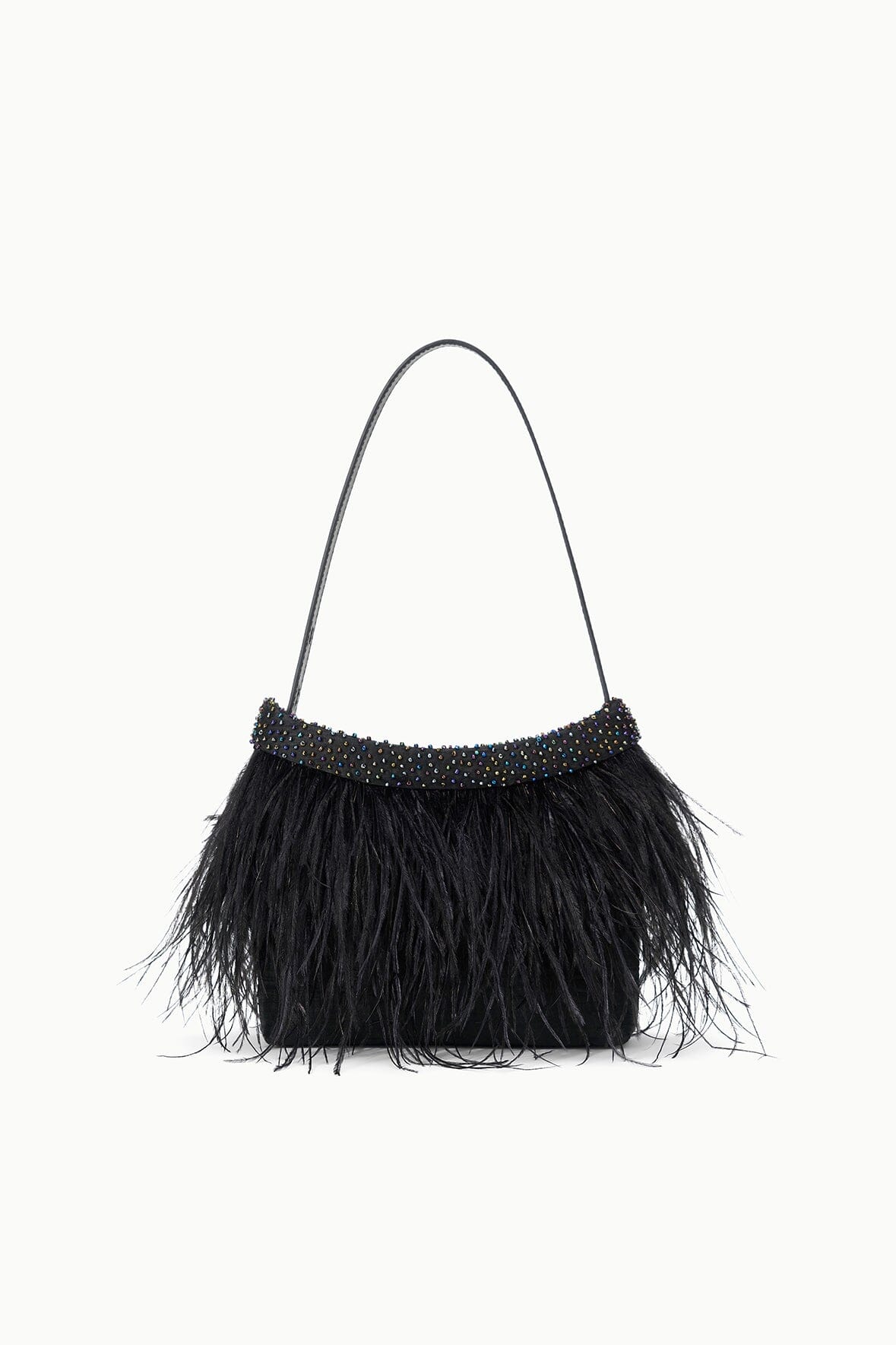 Black feather fringe handbag with beaded top trim and short handles