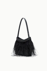 Black feather fringe handbag with arched handles and beaded band