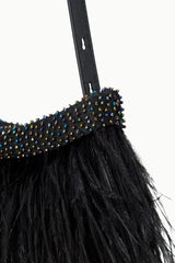 Close-up of black feather fringe with colorful jeweled bead trim