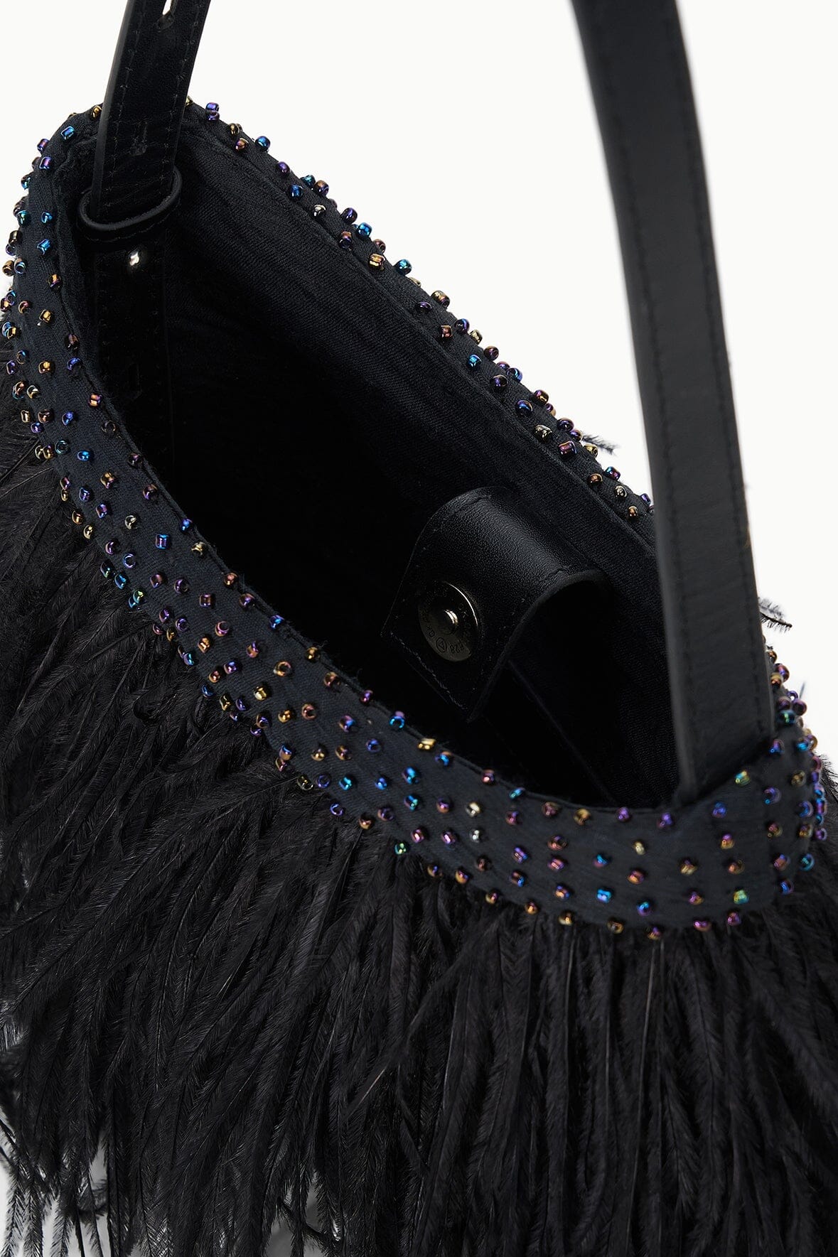 Black beaded feather handbag with black leather pocket and side handle