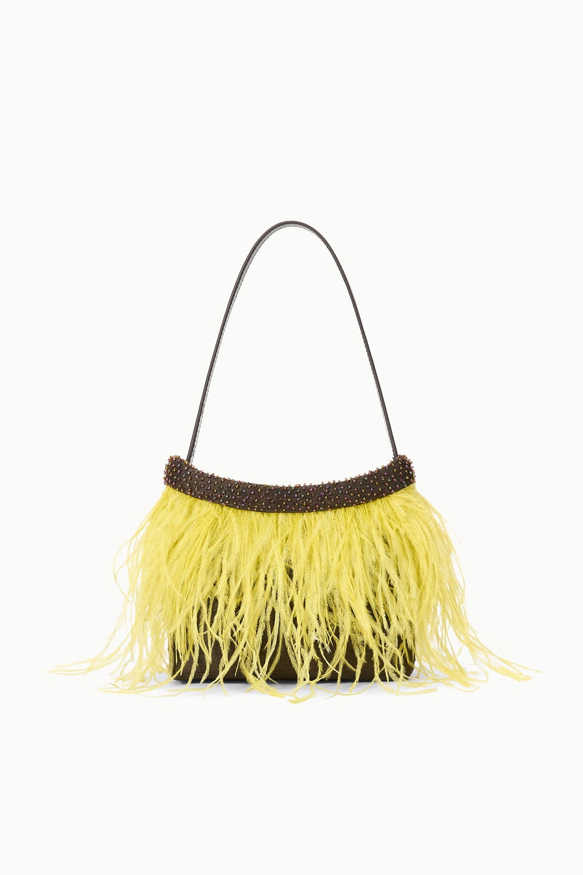 Yellow fringe mini handbag with arched top handle and dark beaded collar trim.