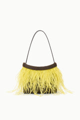 Yellow fringe mini handbag with arched top handle and dark beaded collar trim.
