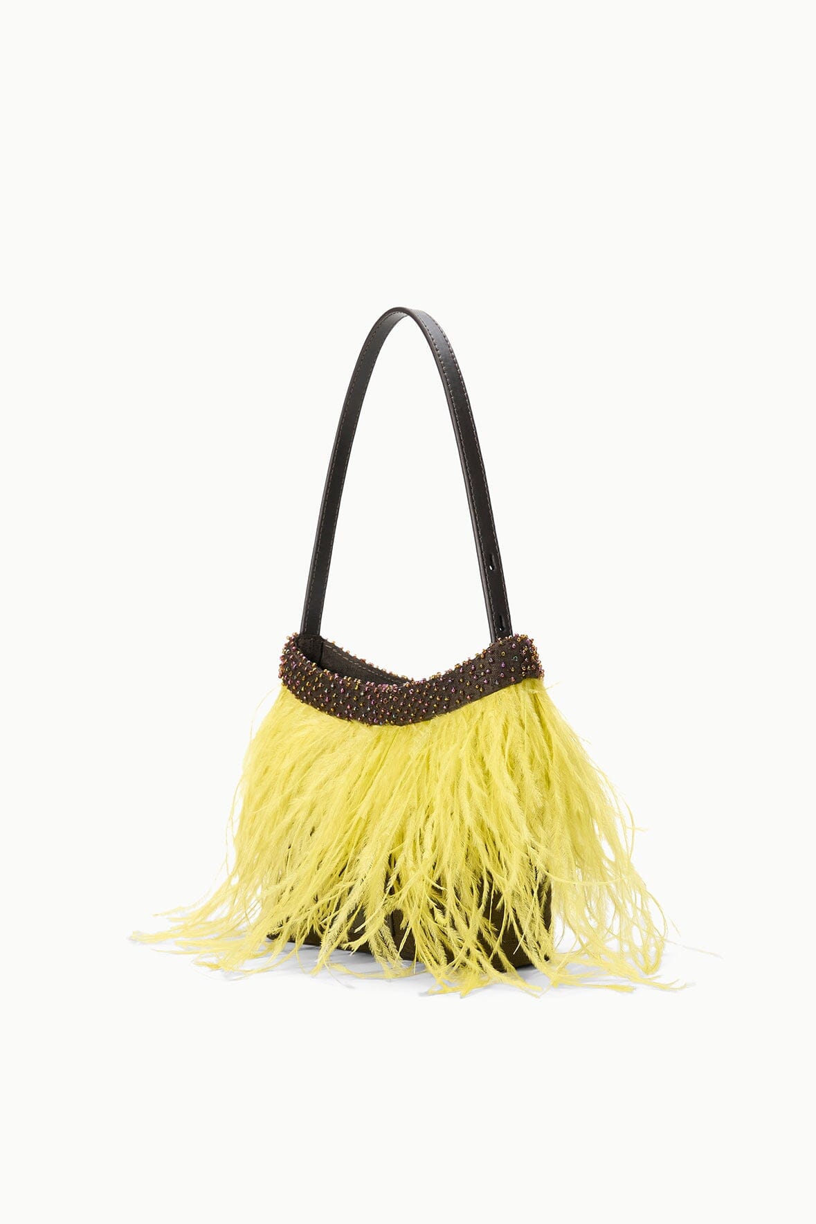 Yellow shaggy fringe mini tote bag with dark beaded trim and arched top handle.