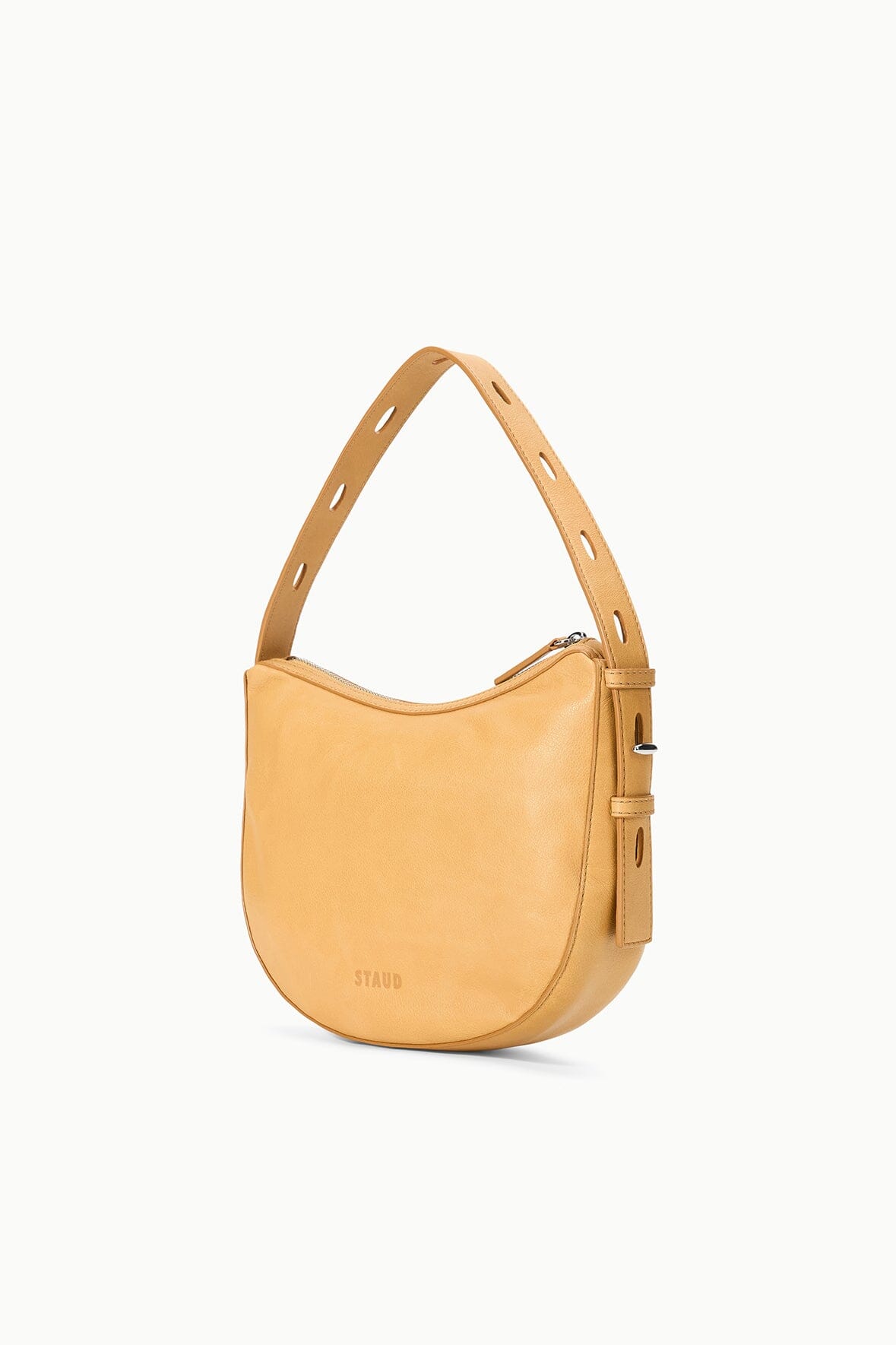 Levi cashew hobo bag angled side view with zip pocket detail