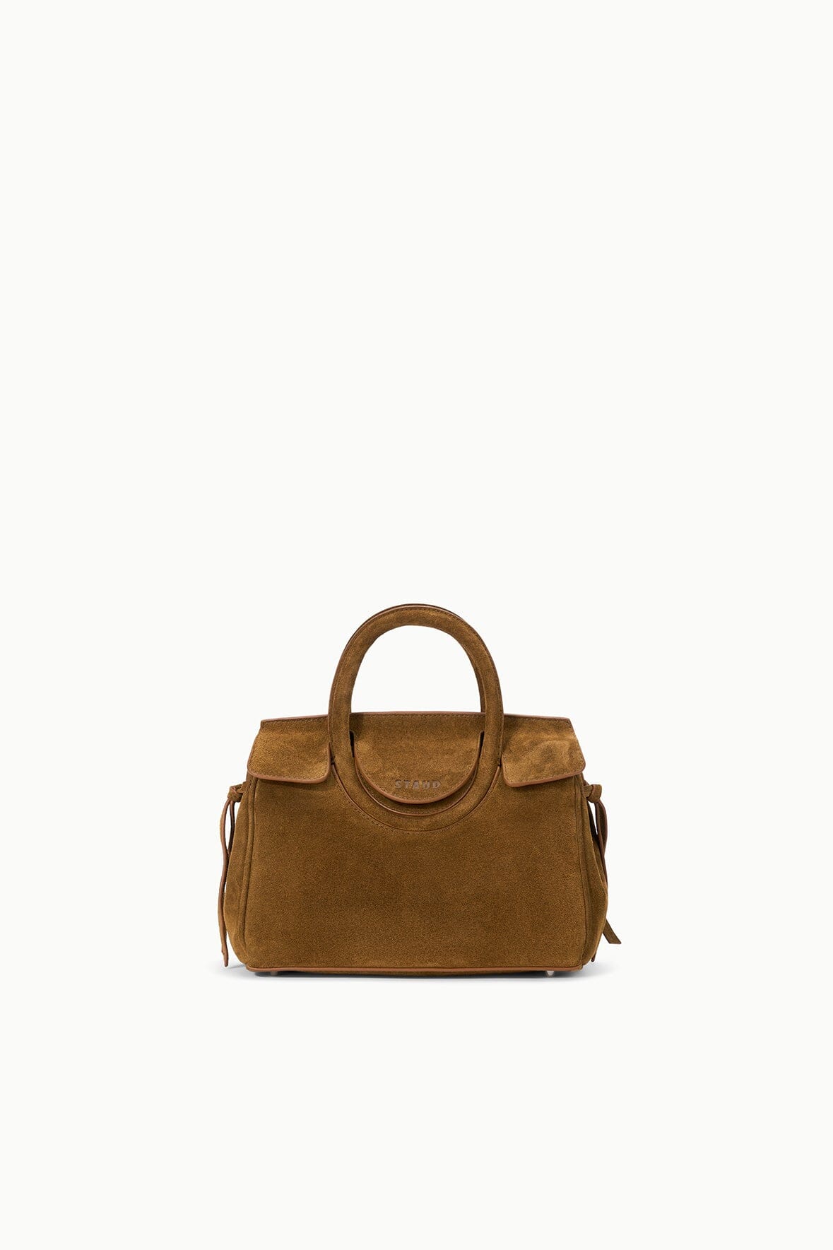 Cigar-brown mini carryall handbag with top handles and side tassel ties.