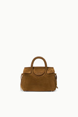 Cigar-brown mini carryall handbag with top handles and side tassel ties.