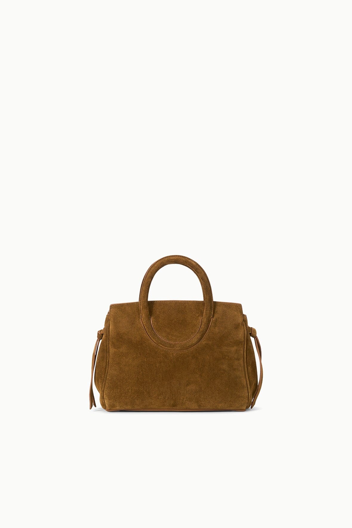 Cigar-brown mini carryall handbag with structured shape and side tassels.
