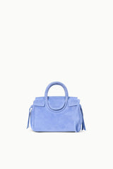 Light blue mini carryall handbag with structured top handles and side tassels