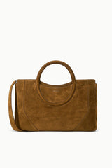 Maude satchel in dark tan suede with top handle and front panel pocket