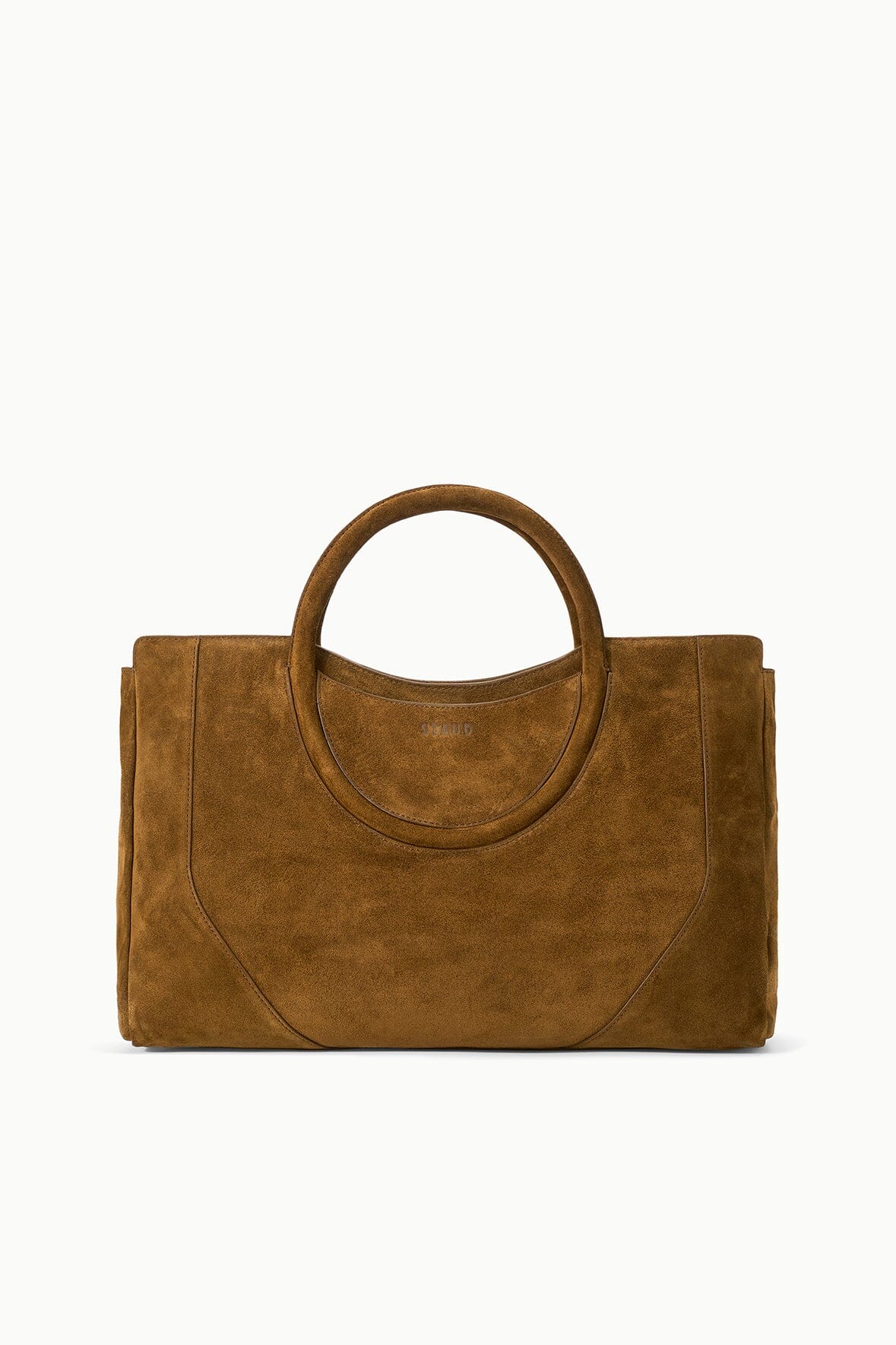 Maude satchel in dark tan suede with top handle and clean front seams