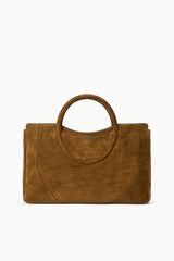 Maude satchel in dark tan suede with top handle and clean front seams