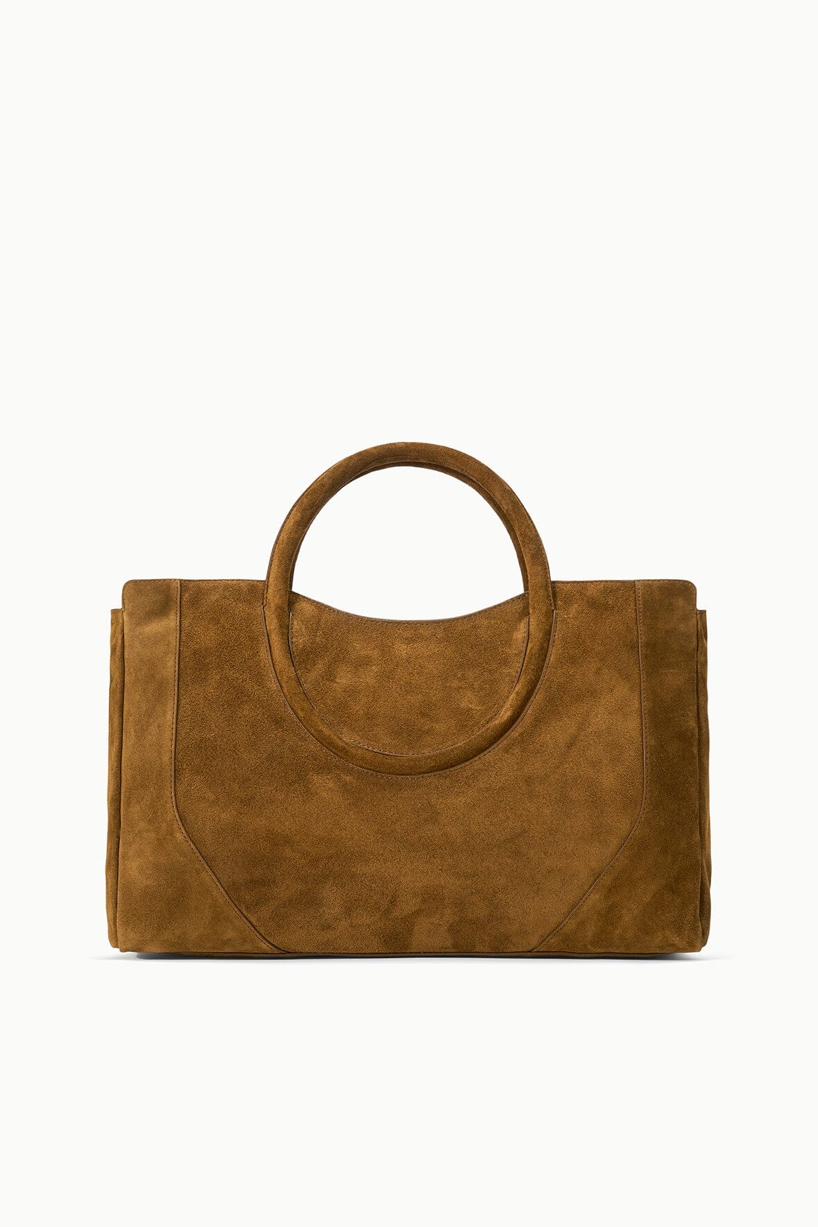 Maude satchel in dark tan suede with rectangular shape and top handle