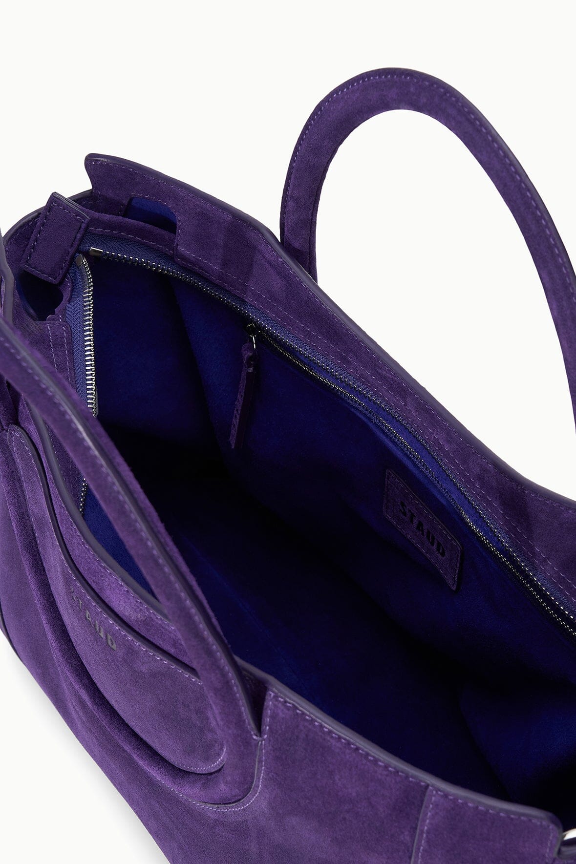 MAUDE SATCHEL amethyst satchel bag open showing zip pocket and fabric lining