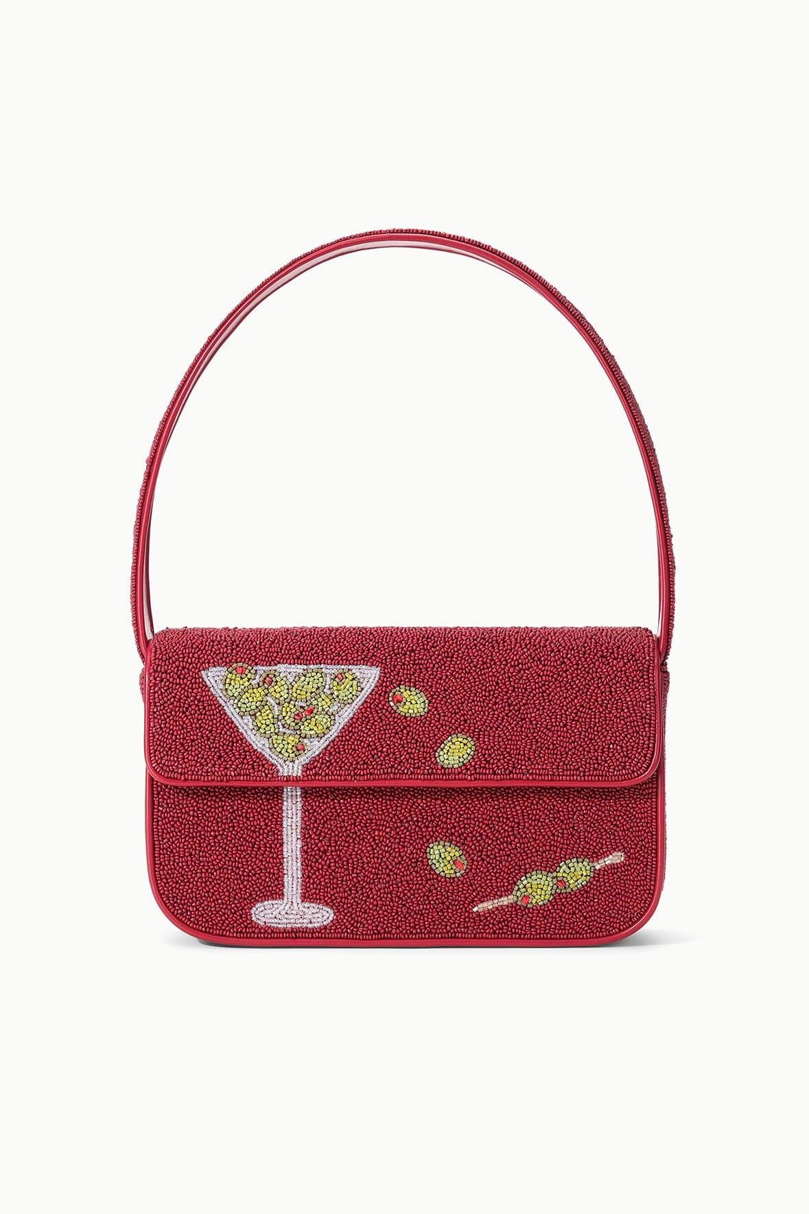 Red beaded handbag with top handle and front flap featuring a cocktail glass motif
