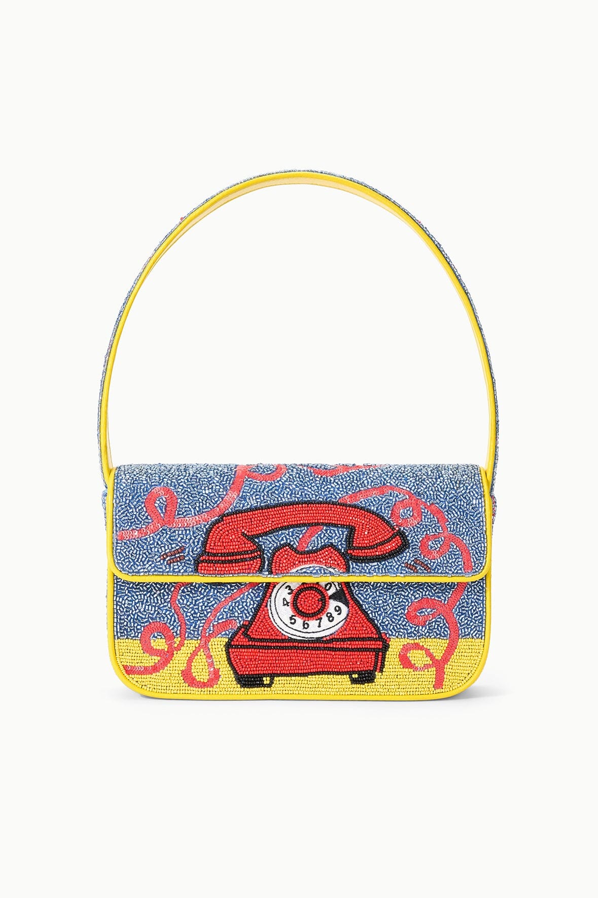 TOMMY beaded bag front view, yellow handle, red phone graphic on blue textured base.