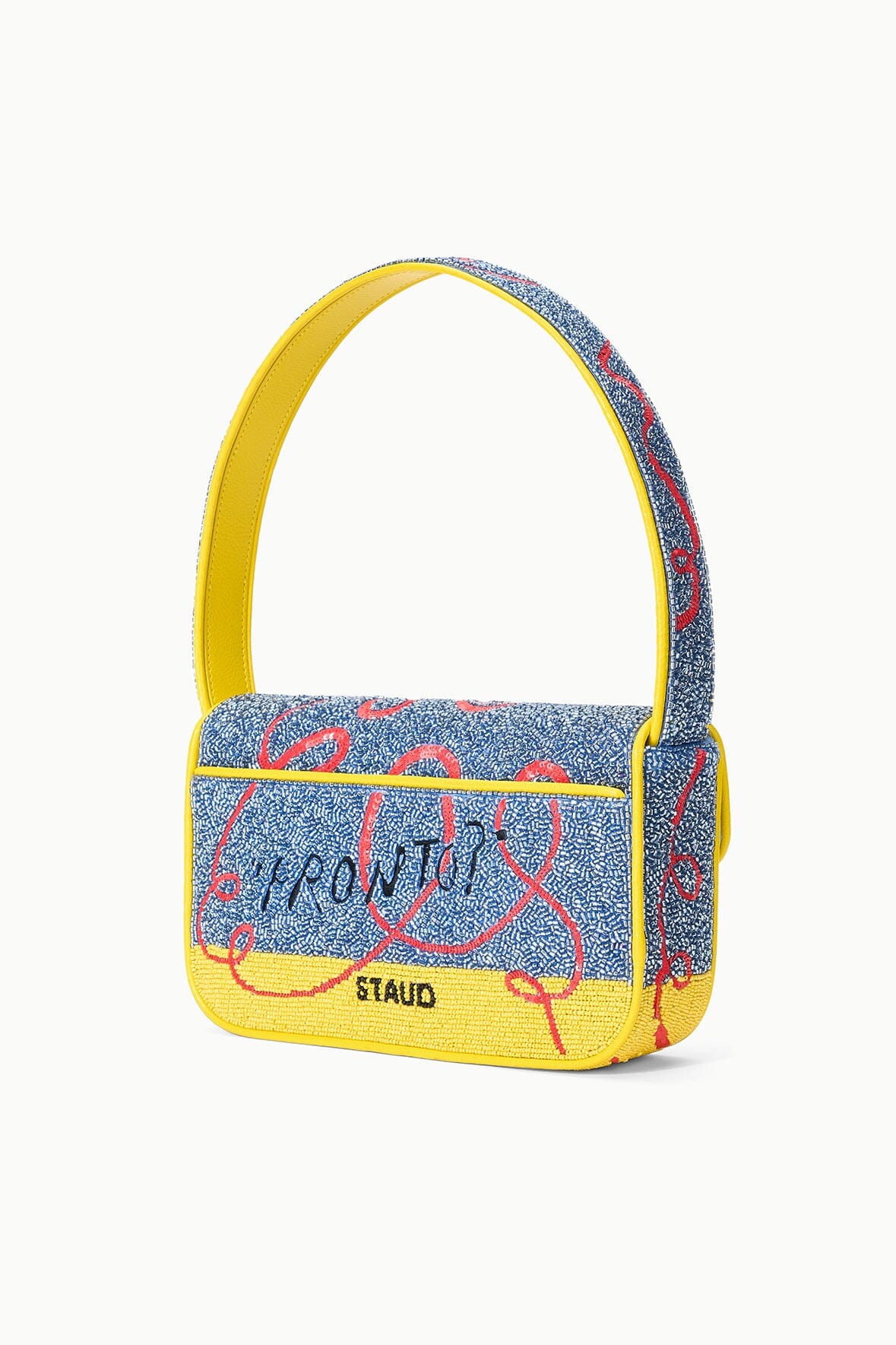 TOMMY beaded bag back view, yellow handle and border, blue and red phone motif.