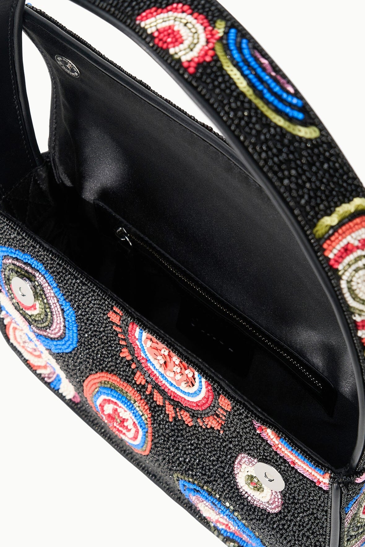 Black beaded handbag open interior with zipper pocket and colorful embroidered front trim