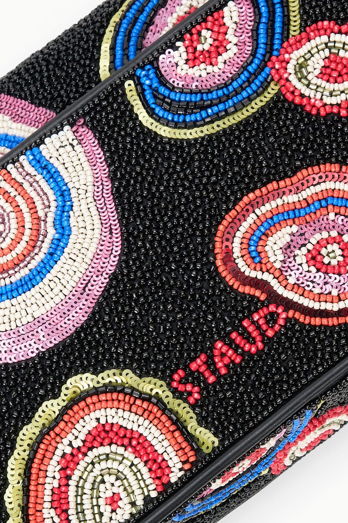 Close-up of a black beaded handbag with multicolor circular embroidery beadwork