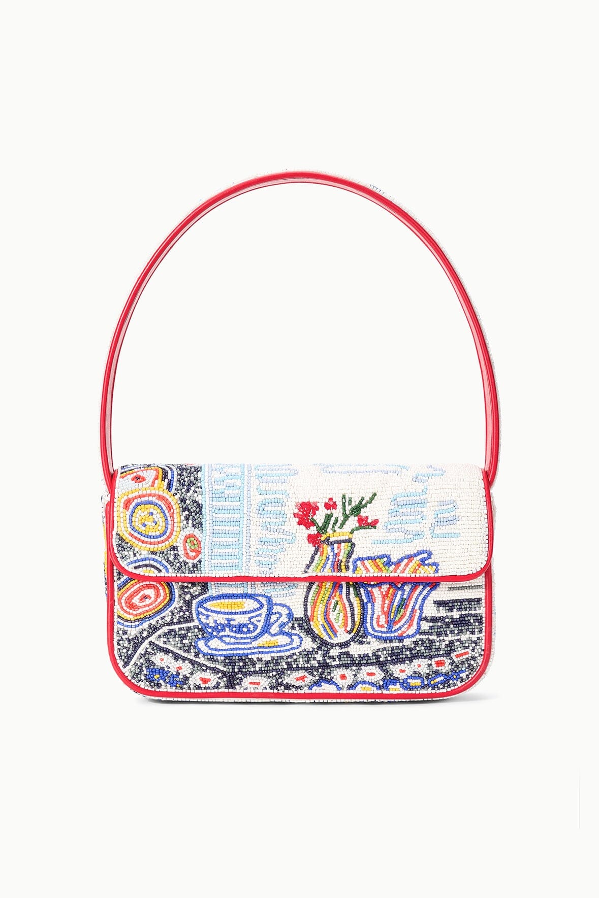 Beaded mini bag with red handles and colorful pattern, rectangular flap top