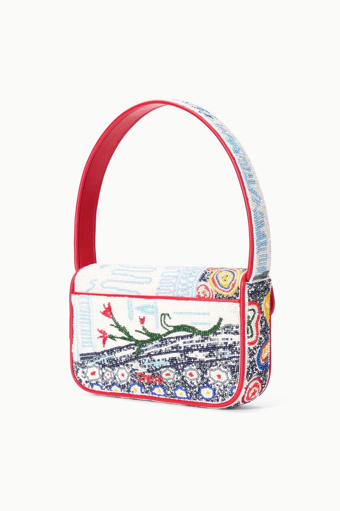 Beaded mini bag with red top handles and multicolor scene pattern, front flap