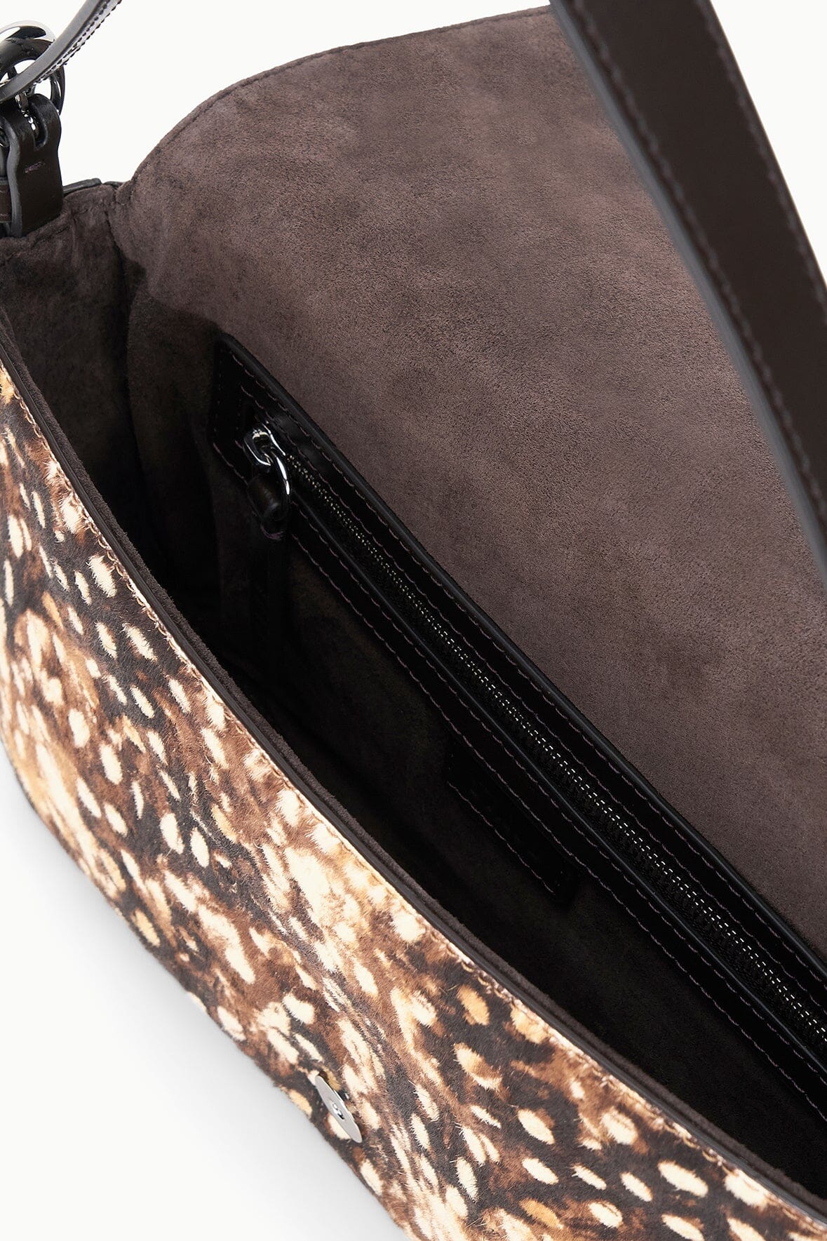 Haircalf shoulder bag interior with zip pocket and dark lining, open from the top