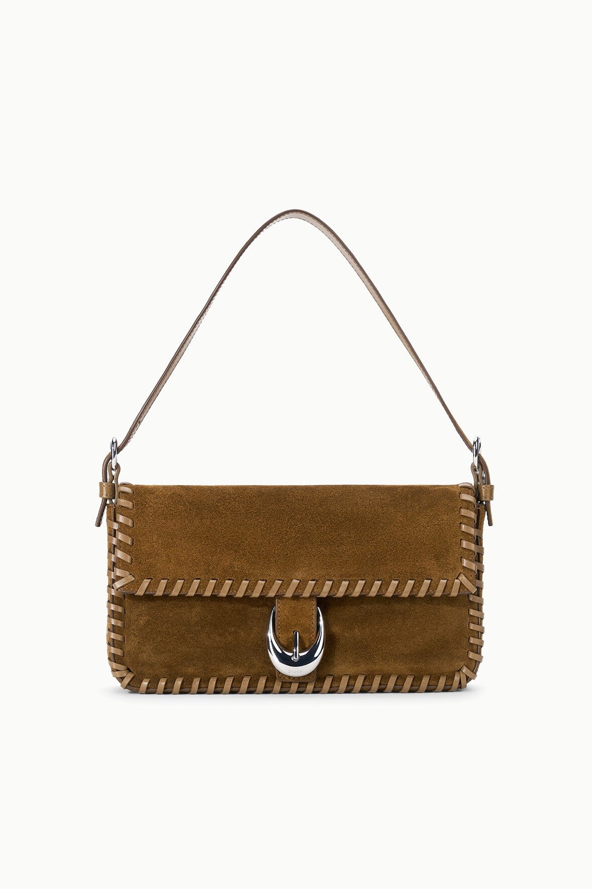 Cigar-brown suede shoulder handbag with top handles, fringe trim, and buckle flap