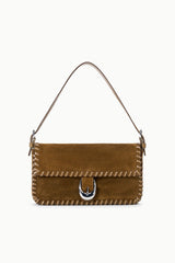 Cigar-brown suede shoulder handbag with top handles, fringe trim, and buckle flap