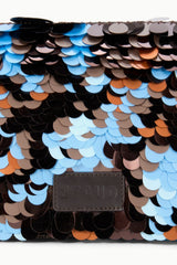 TIMMY convertible shoulder bag with brown leather front tab on sequin surface