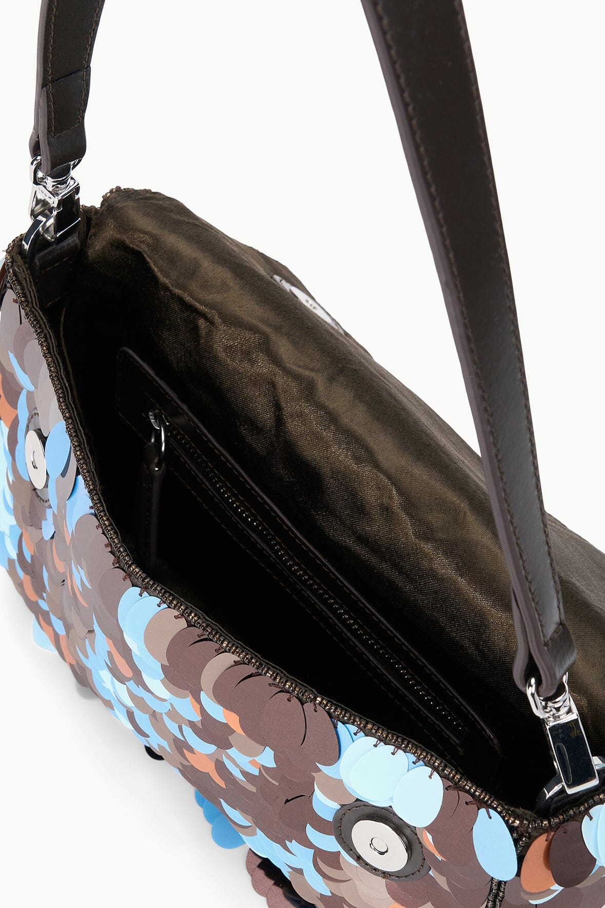 TIMMY convertible shoulder bag side with zipper pocket and sequin exterior