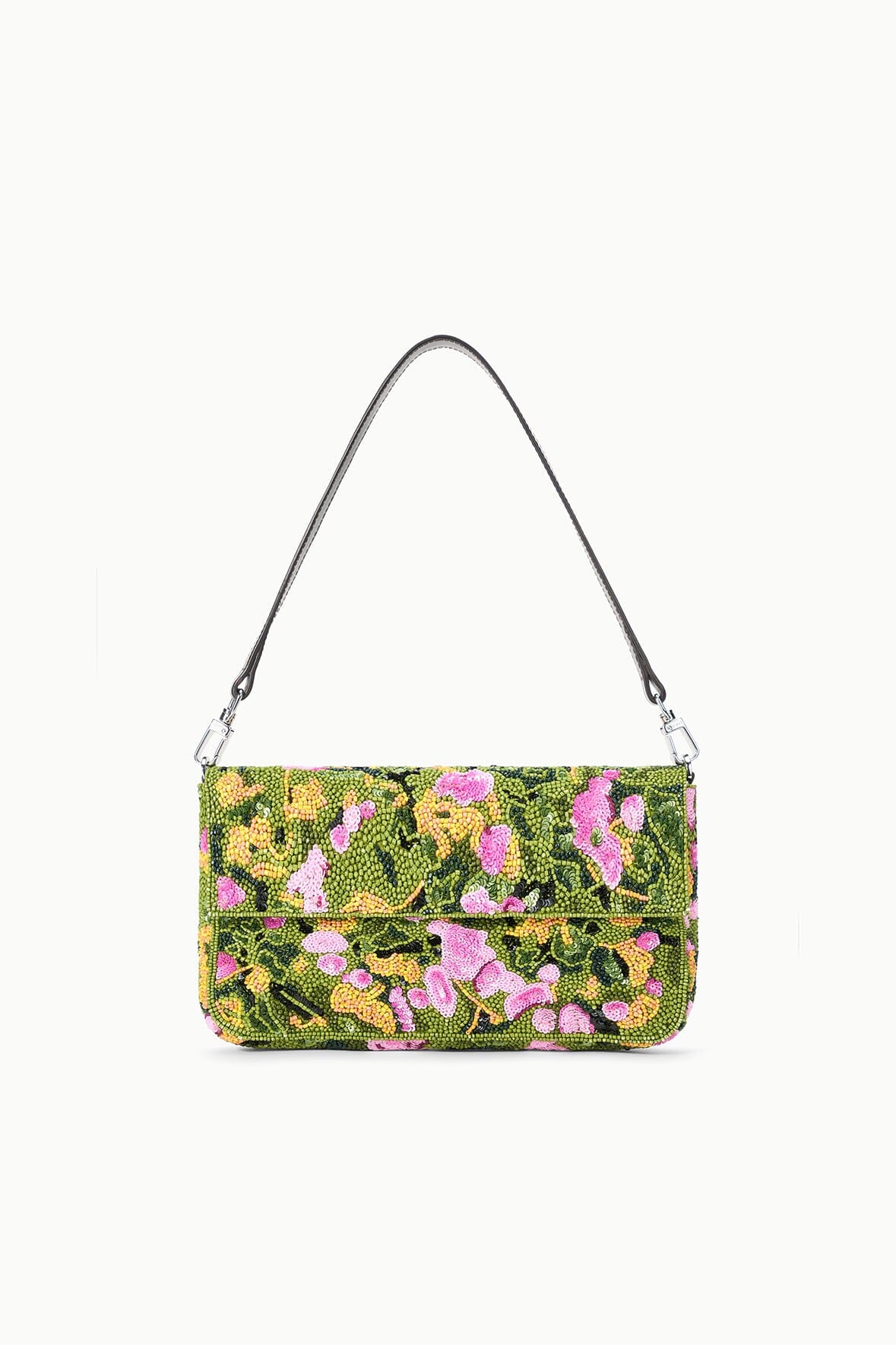 Woodland print convertible shoulder bag with green floral fabric and silver zipper