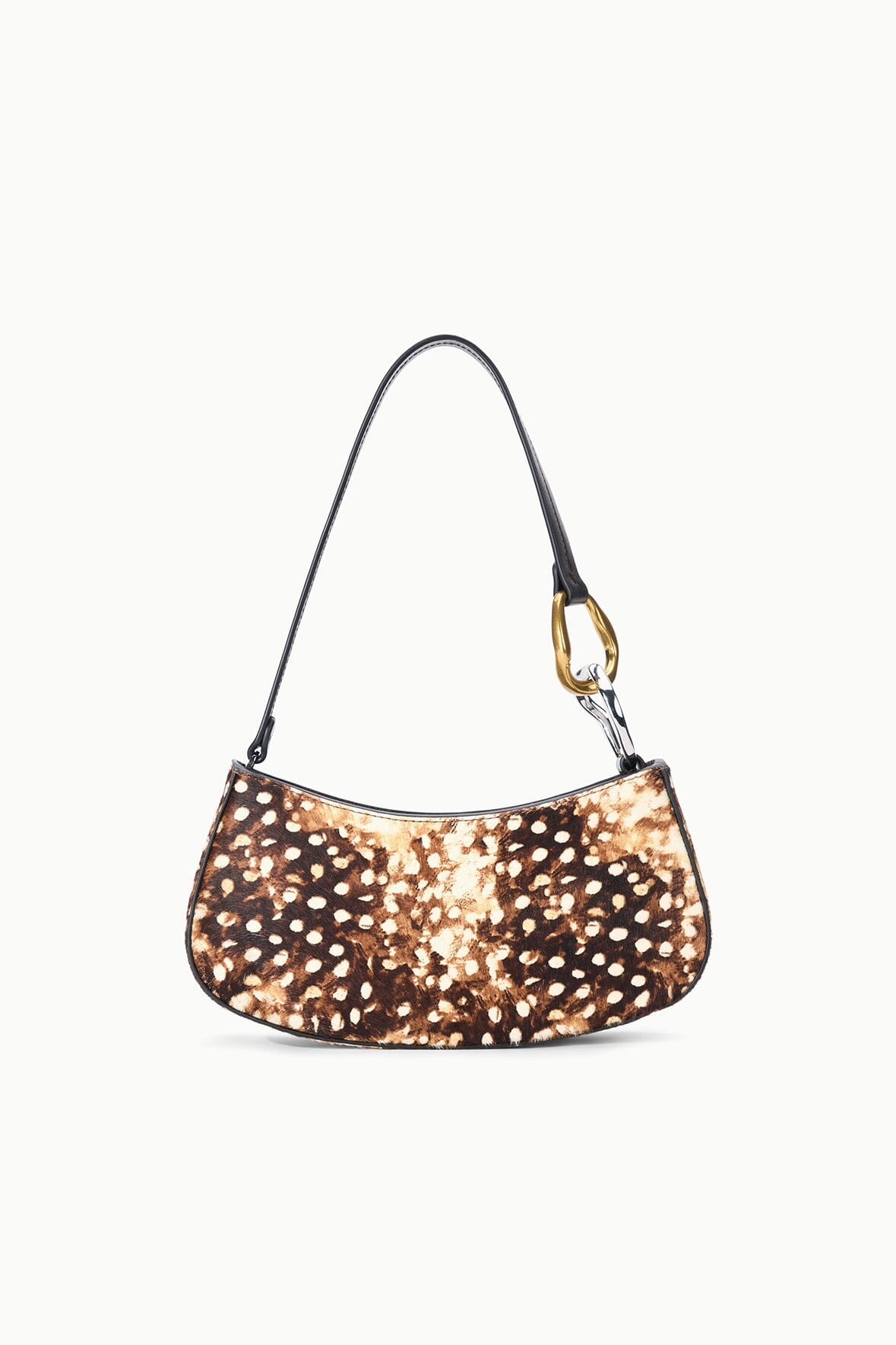 Fawn haircalf hobo bag with speckled dot pattern, curved shape, gold clasp