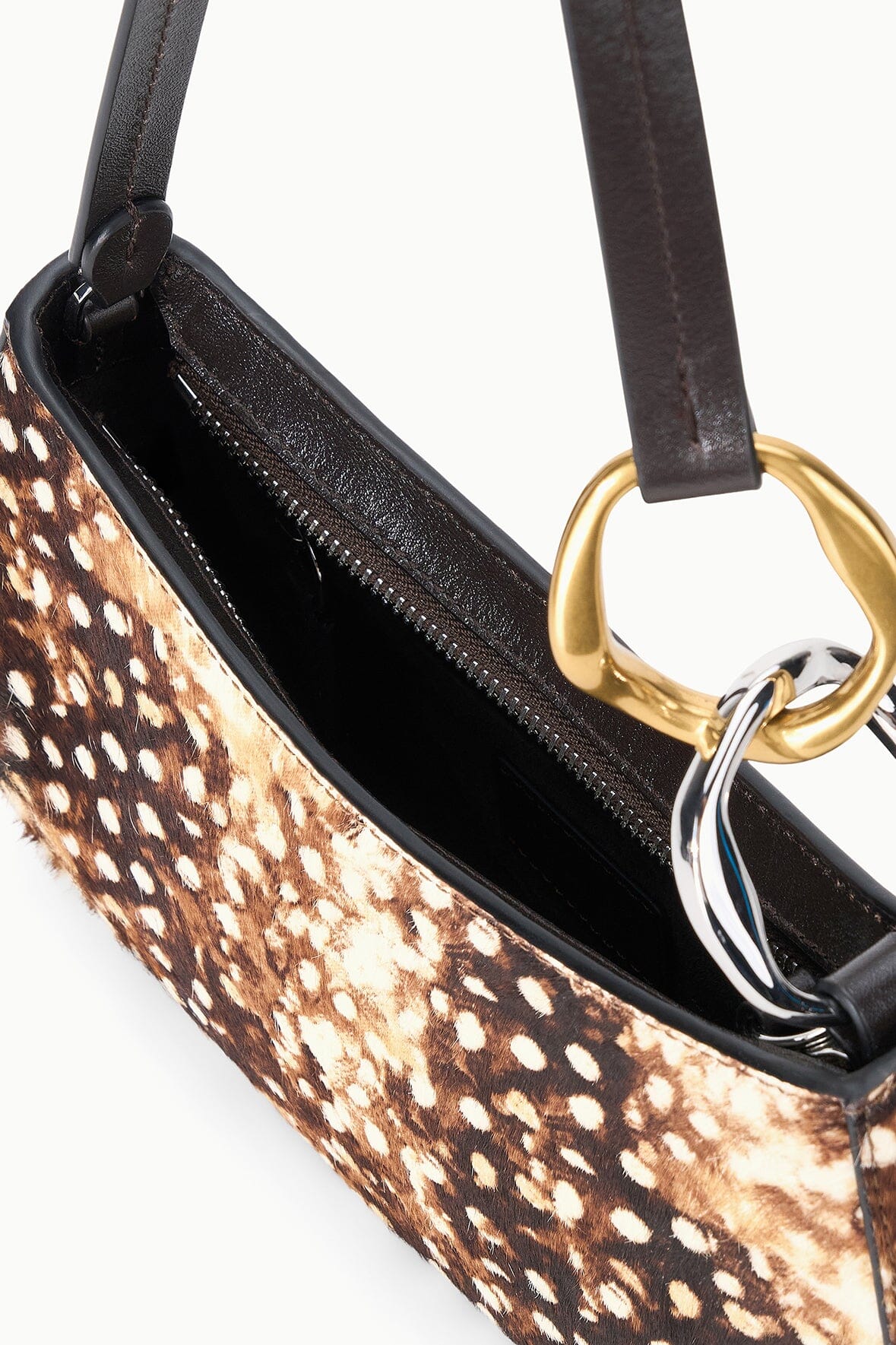 Fawn haircalf hobo bag interior with black lining and zip pocket