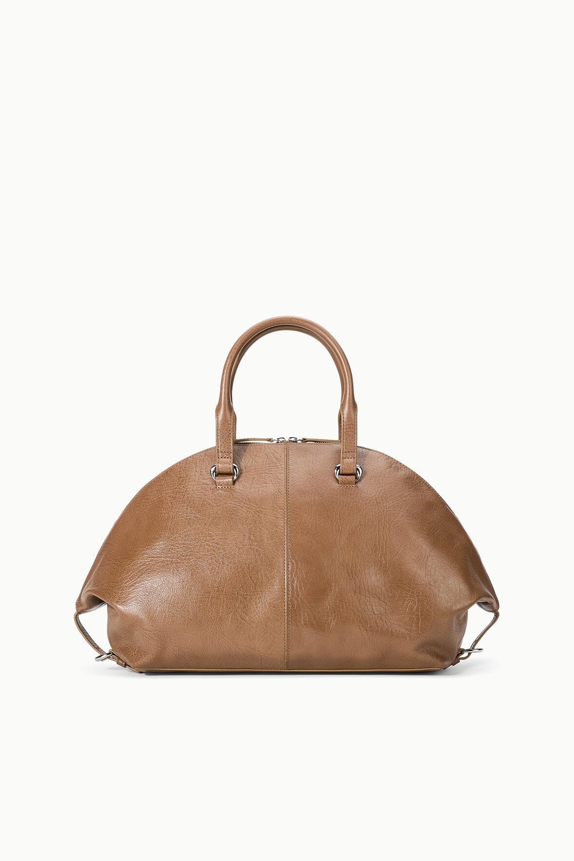 HESTER satchel in toast brown leather, two top handles, center seam, zip closure