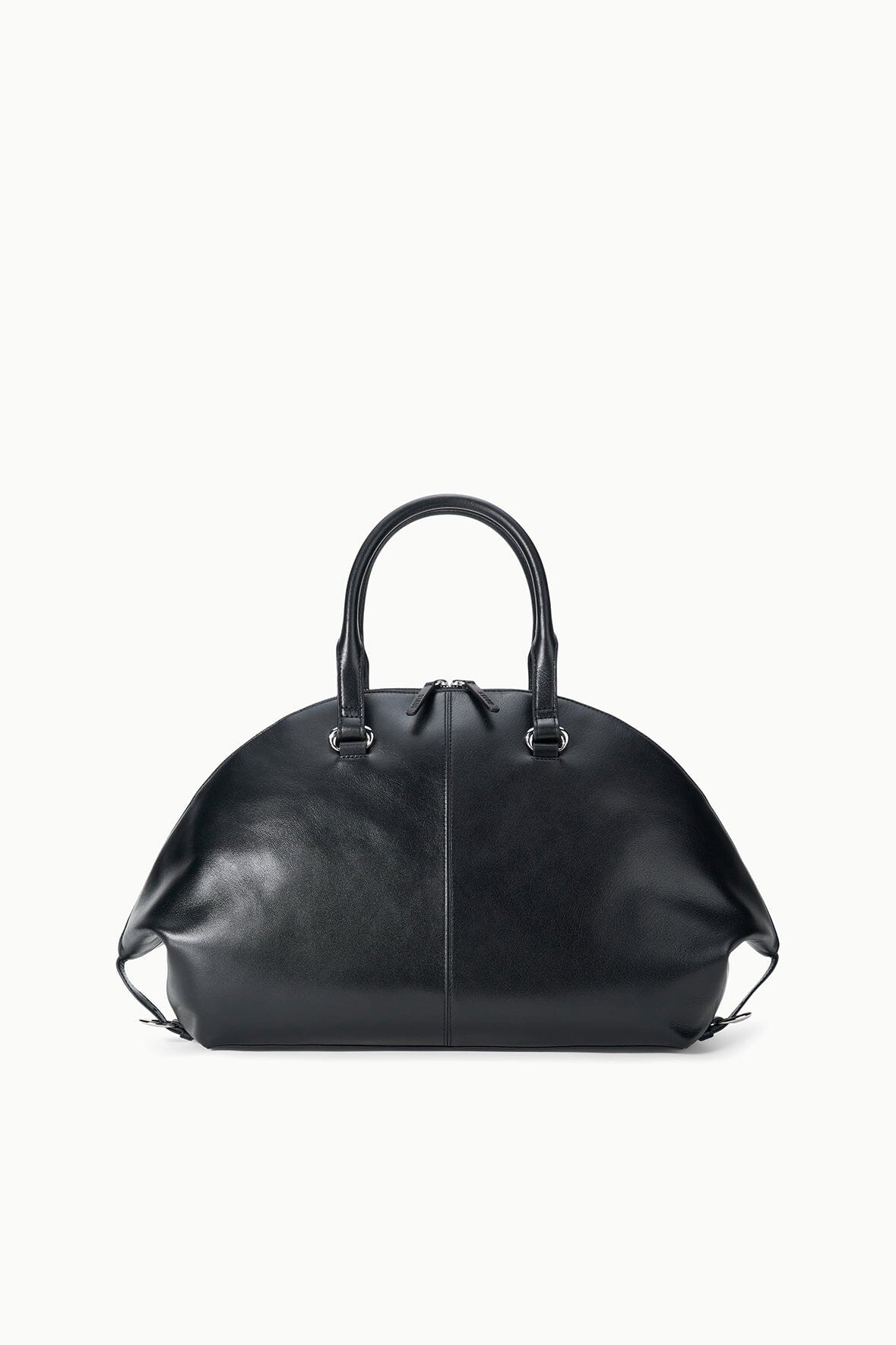Black leather-look satchel bag with top handles and zip closure