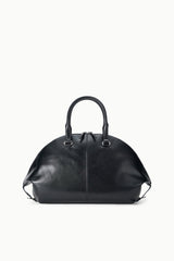 Black leather-look satchel bag with top handles and zip closure