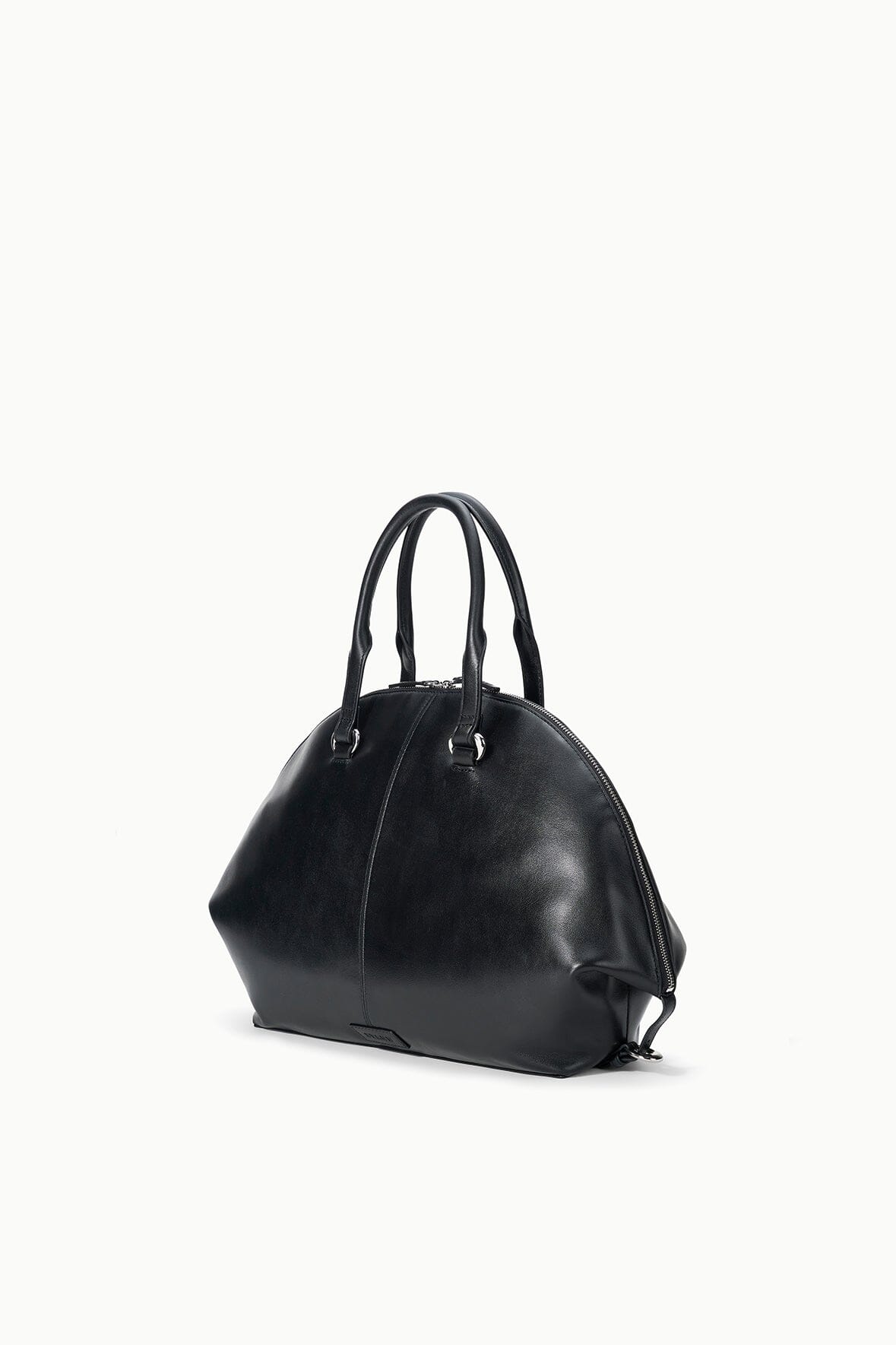 Black satchel bag with short top handles and rounded structured shape